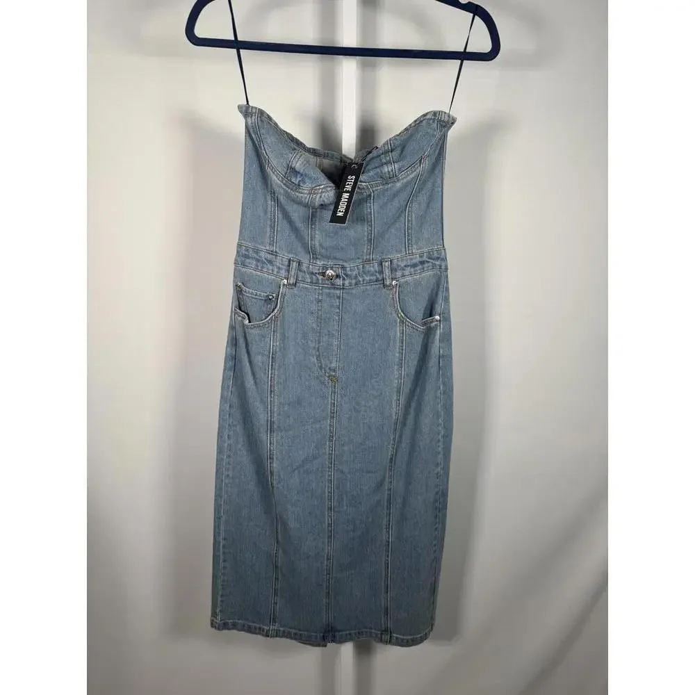NWT Steve Madden Denim Strapless Midi Dress Size S - Picture 2 of 5